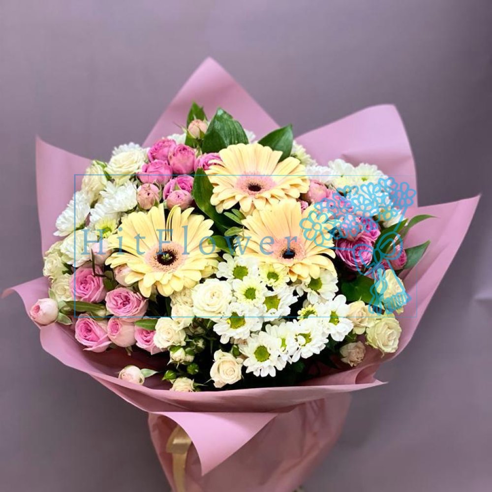 Букет цветов из: Розы, Герберы и Хризантемы
